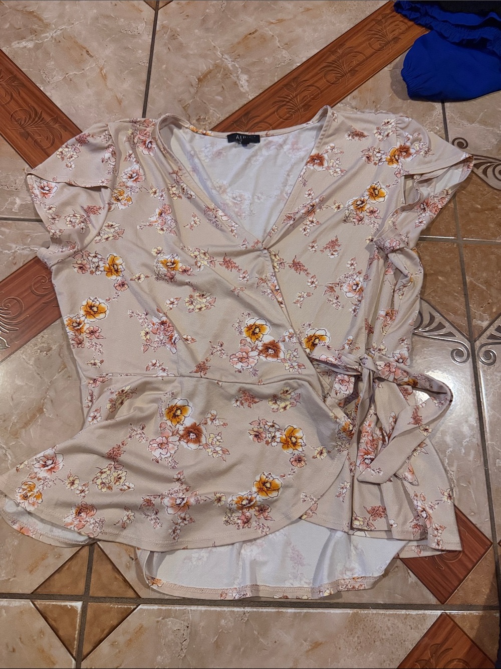AUW Beige Floral Wrap Blouse with Tie